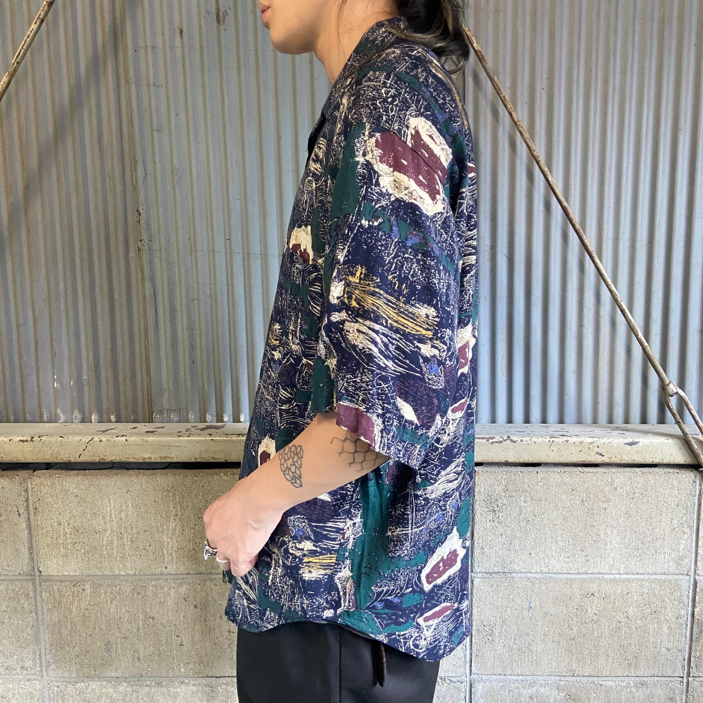 80s 90s USA 総柄 レーヨン シャツ ブルー レッド L aw121 - シャツ