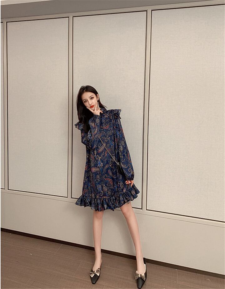 秋冬 ハスの葉 ミディアムロング ワンビース スリム 気質 Aライン ゆったりする ランタンスリーブ