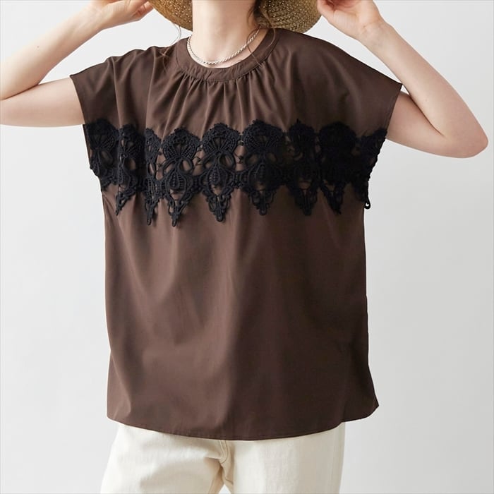 【大人のデイリーサマーコーデを華やかに★レースパッチフレンチスリーブブラウス】レースパッチフレンチスリーブブラウス4カラー