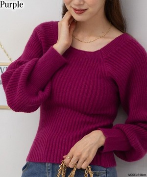 ボリューム袖 スクエアネック ニット