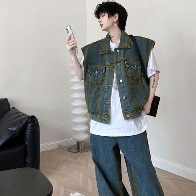 予約販売】メンズ セットアップ メンズ デニム ベスト ペイント