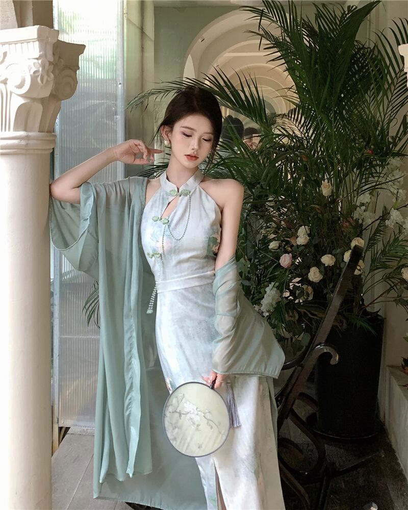 ノースリーブ ドレス チャイナ風 フリル スリット エレガント 中国風のチャイナドレスノースリーブドレスの女性の2023年夏