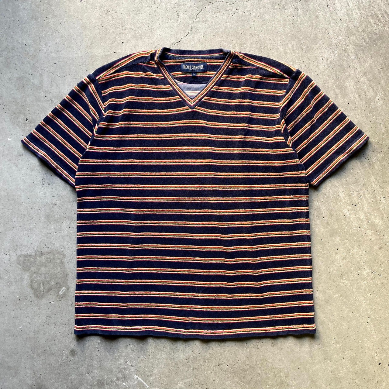 FRENCH CONNECTION マルチボーダー柄 Vネック パイル地 Tシャツ メンズ 