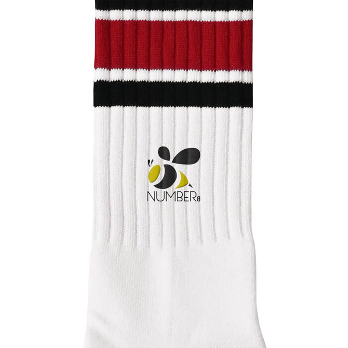 NUMBER8 蜂（ハチ）刺繍ロゴスケーターソックス レッド×ブルー