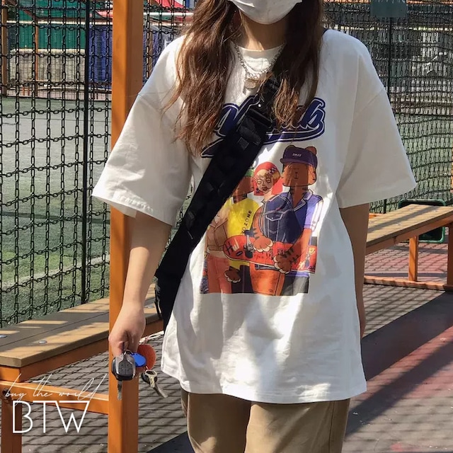 【韓国レディースファッション】フロントプリントTシャツ カジュアル クール ストリート ユニセックス サイズ豊富 BW2570