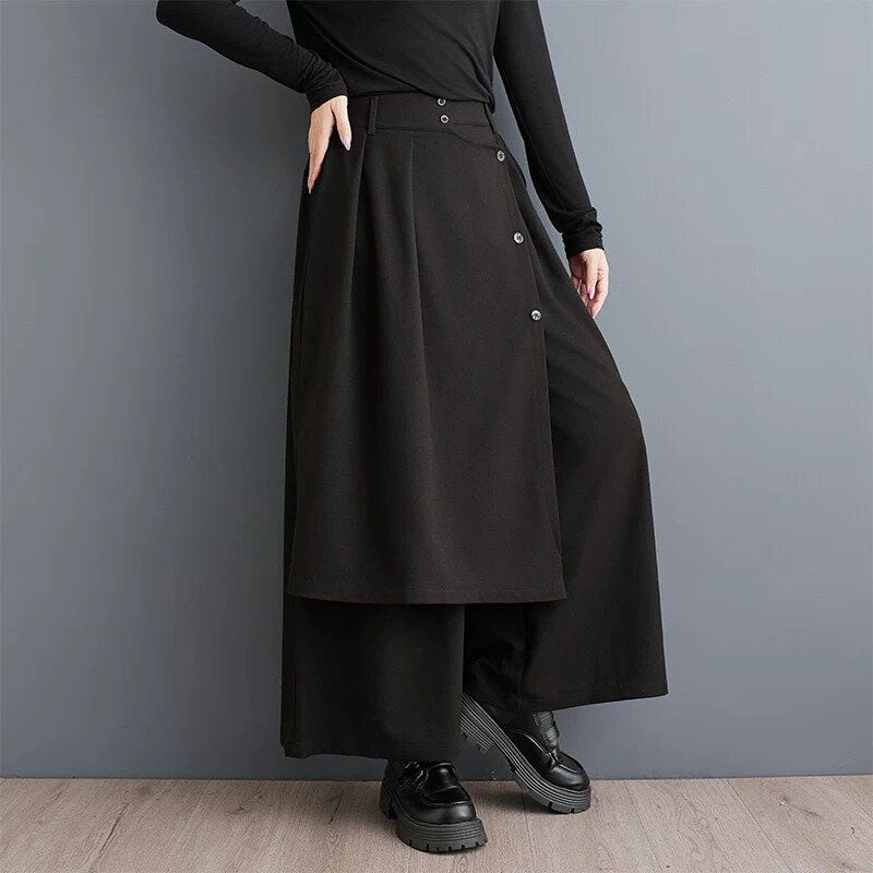 BLACK FLAP DESIGN A-LINE WIDE LEG CROPPED PANTS 1color M-16172