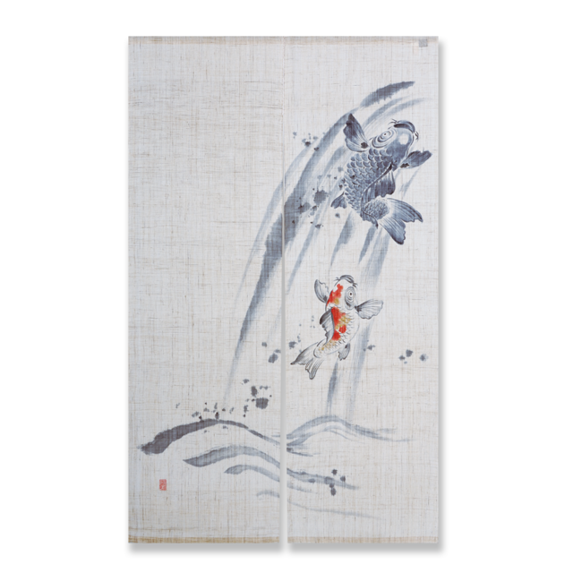 本麻 のれん　夫婦鯉-手描き-　NK（生成）88㎝×150㎝