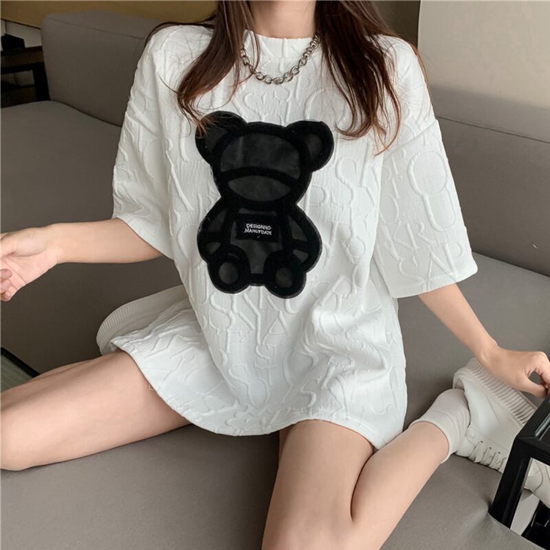 ジャカードルーズラウンドネックTシャツ スプリングトップス 春物 Oネック ドラファッションホール70359604604