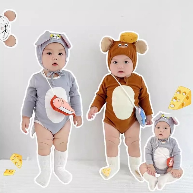 【BABY】韓国風　ネコ、ネズミロンパース