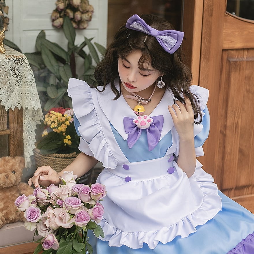 ワンピ メイド服 エプロン ヘアドレス付き コスプレ ロリータ コン