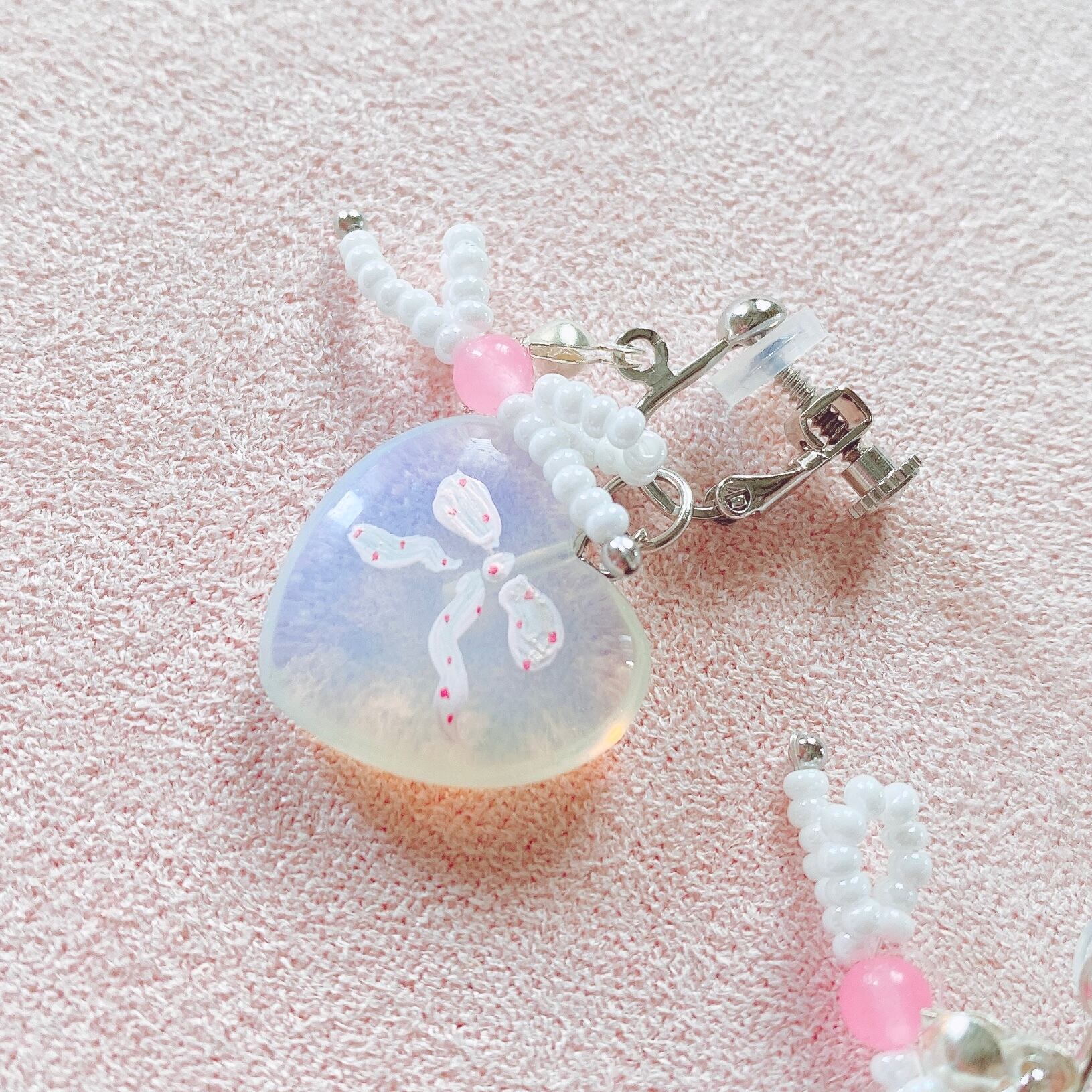 天然石×handpaint リボンリボン耳飾り