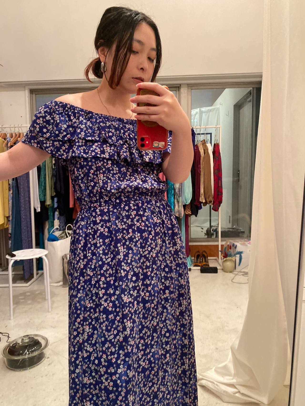 Flower pattern frills shoulder dress | オフショルダー花柄ワンピース