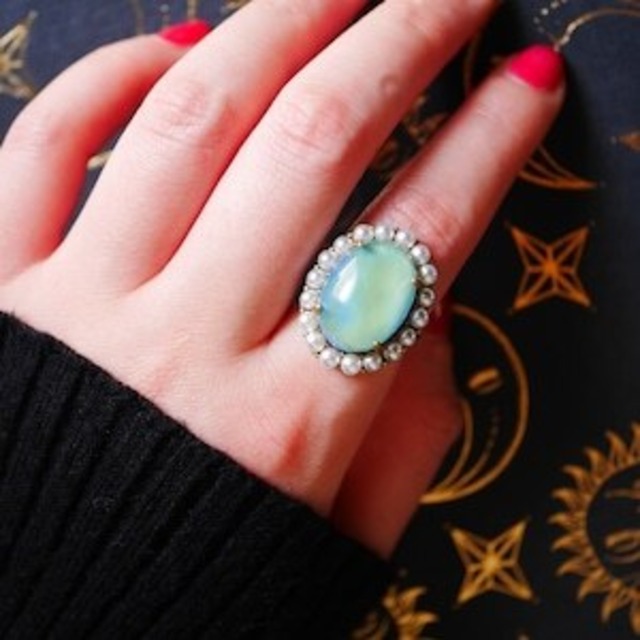 Vintage Green Blue Moonshine Glass With Glass Pearl Ring