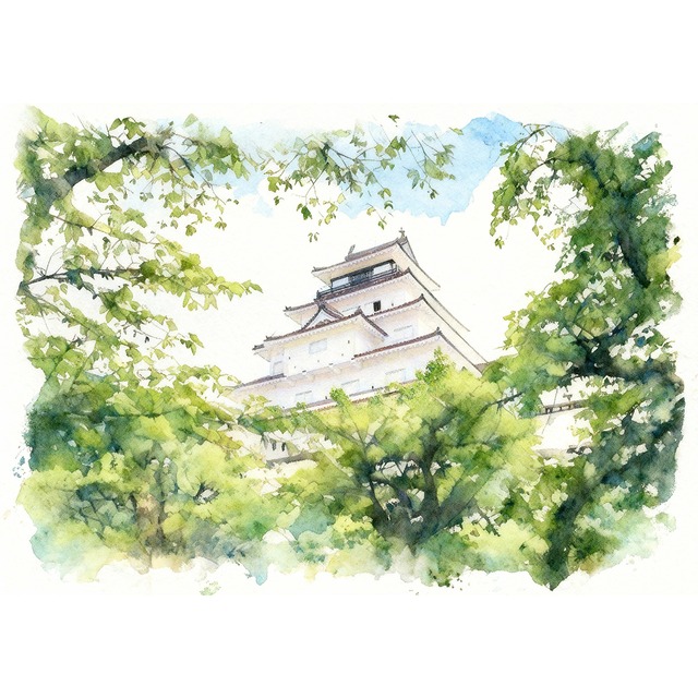 絵画 風景画 日本の城 福島県会津若松城（鶴ヶ城） インテリアアート額付き 水彩画・油絵風 WAT0960