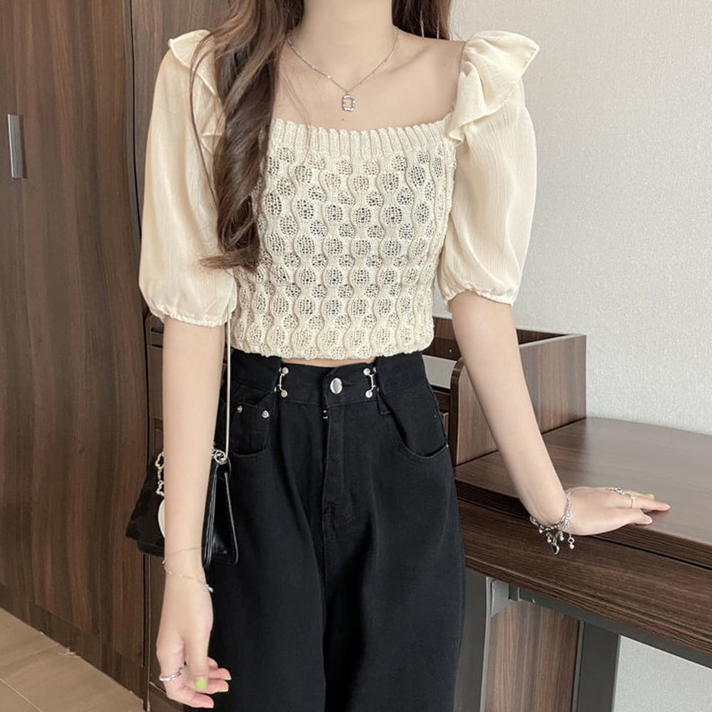 ショート丈 ニット ブラウス レディース 春夏 トップス 大人 きれいめ おしゃれ かわいい フェミニン パフスリーブ スクエアネック 大人可愛い 大人女子