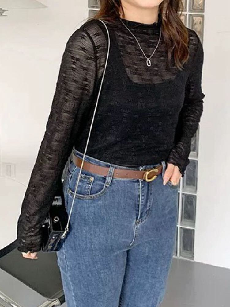 シャレ見えとスタイルアップの両立叶う 花柄ハイネックシアートップス 長袖 刺繍 シアー お洒落 インナー 大人可愛い カジュアル きれいめ デート 細見え 大きいサイズ 韓国 CH9883