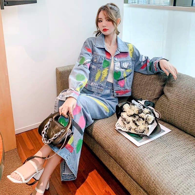 セットアップ】ペイント スカート デニム 水色 ャケット 花柄 フラワー