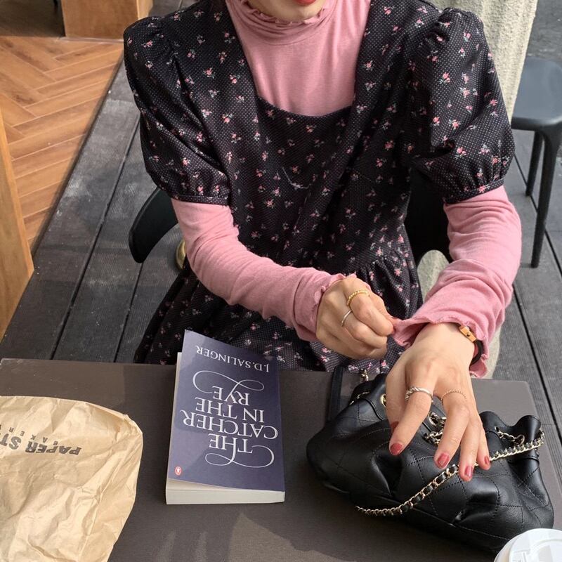 スタンダードスリーブカラーフローラルスカート ルーズ半袖ドレス ショート レトロ ハーフスリーブ 花柄 スクウェア ビッグFスモールZ韓国92249091216