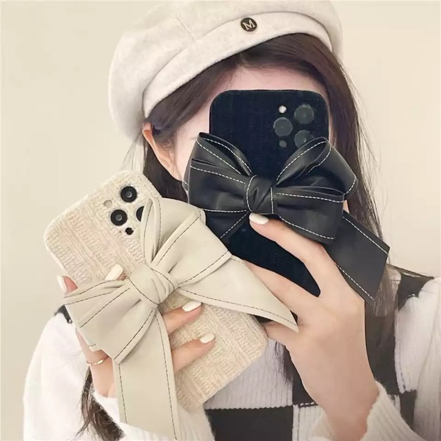 ★送料無料★   2カラー ブラック 黒 iPhone13対応 リボンiphoneケース 韓国