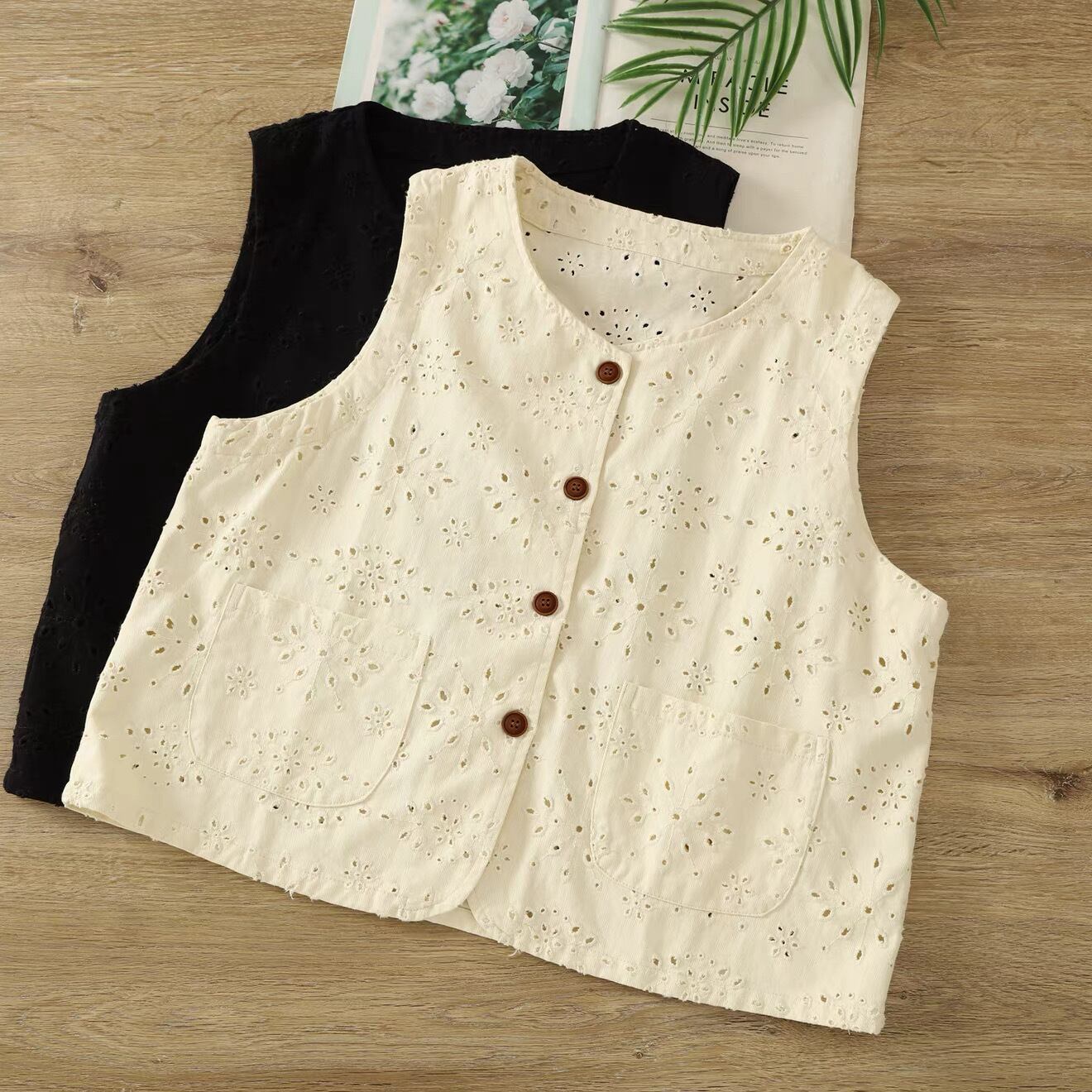 カットワーク刺繍 コットンショートベスト 2color fu1077