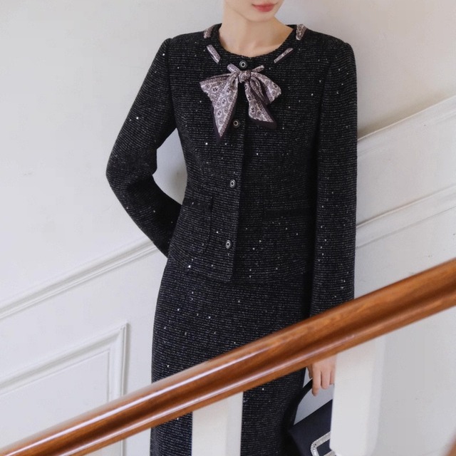 ボウタイデザイン クラシカルツイードトップス　W00329