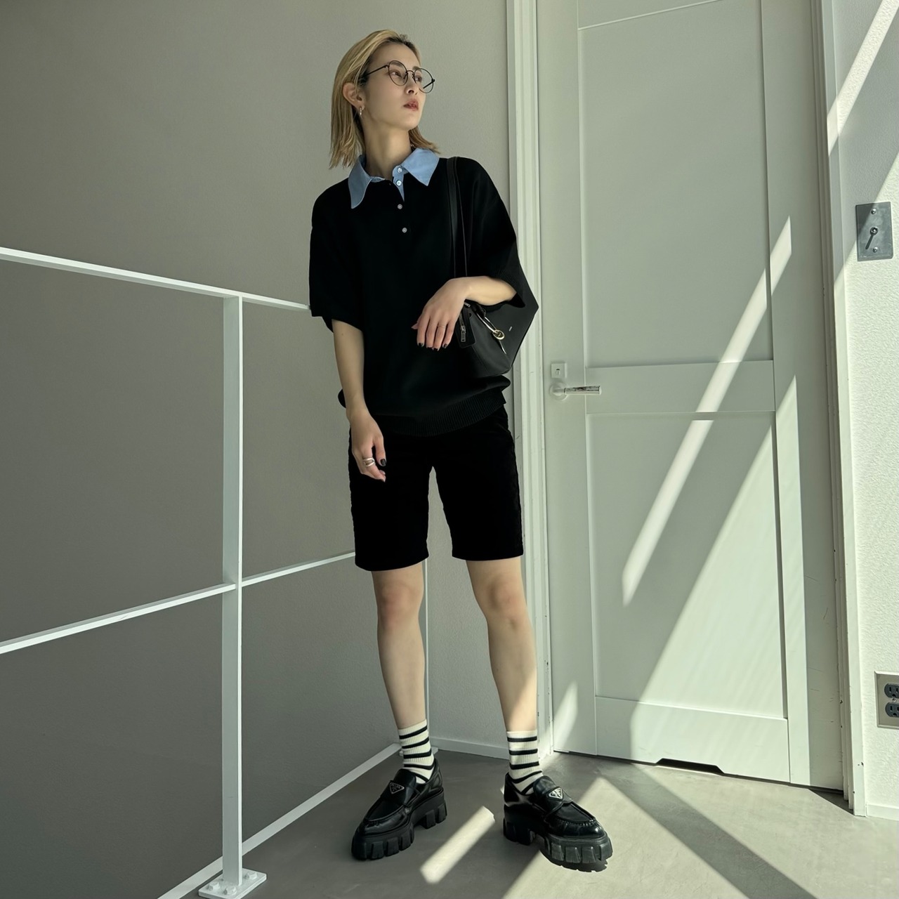 襟付半袖シャツknit/ブラック