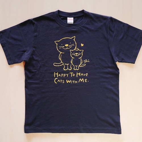 にゃんきーとすＴシャツ「ねこがいてよかった」ネイビー×イエロー