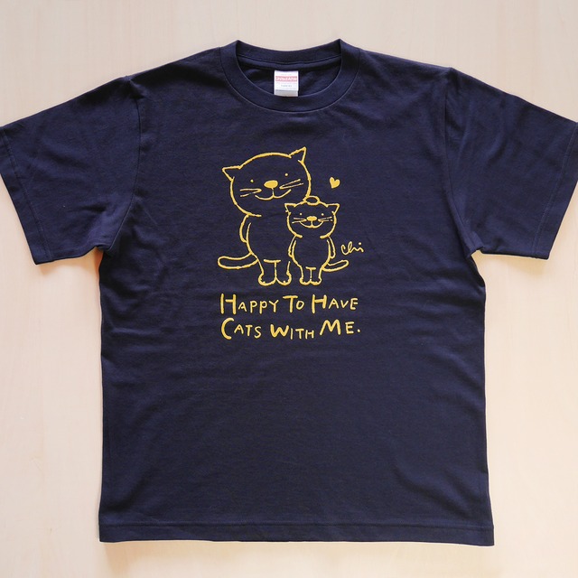 にゃんきーとすＴシャツ「ねこがいてよかった」ネイビー×イエロー