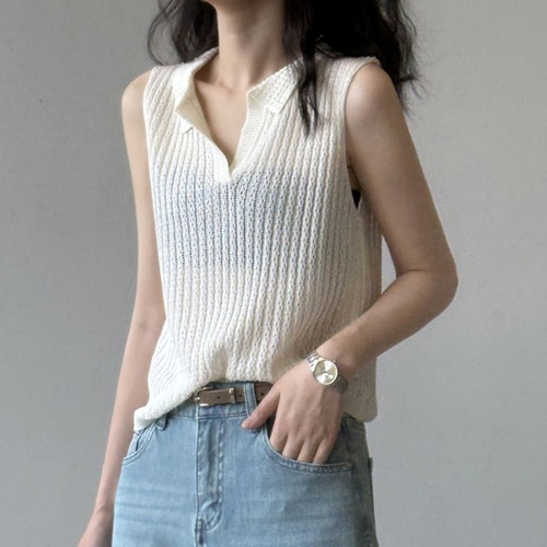 collared v-neck sleeveless knit top　L0516