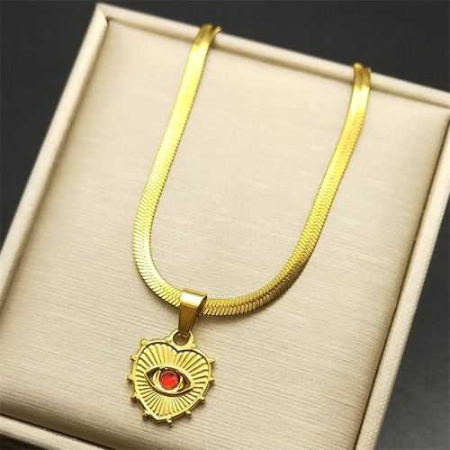 チャーム ペンダント ネックレス  ステンレス ビンテージ 赤 レッド ゴールド ストーン ハート レディース メンズ デビル