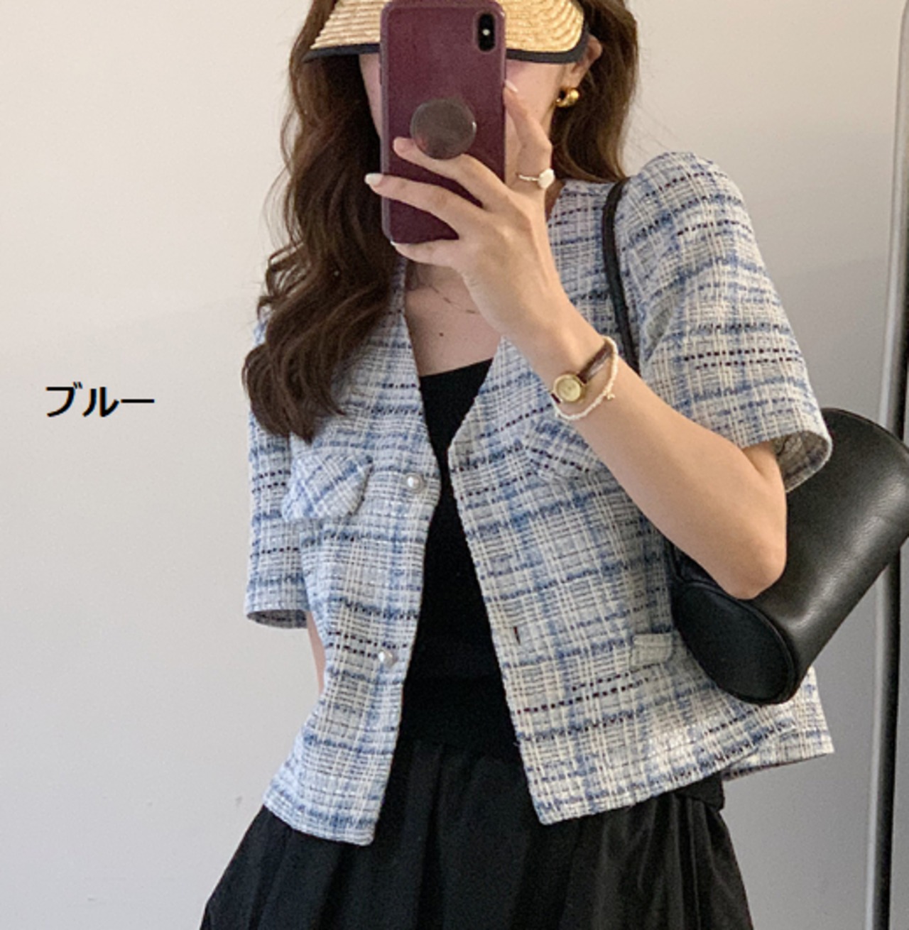 チェック柄 ノーカラー ジャケット 韓国 カジュアル ショート丈ジャケット レディース チェック柄 春 夏 秋
