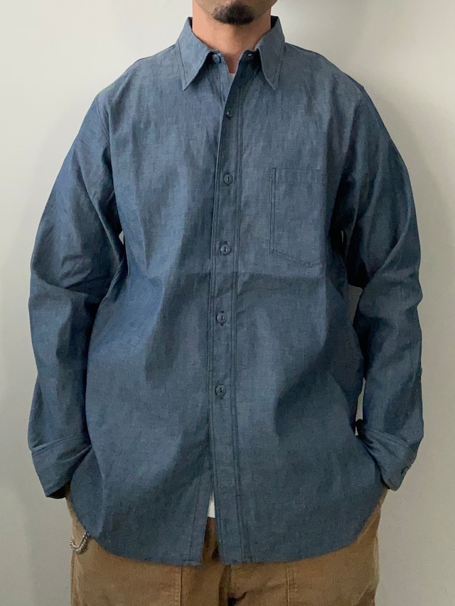 THE CORONA UTILITY / CS001 / NAVY 1 POCKET SHIRT / 5.5oz BLUE CHAMBRAY - CHARCOAL STITCH