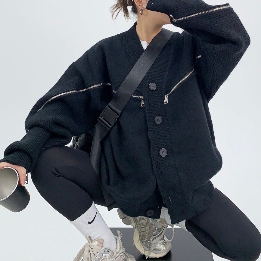 knit button mid length cardigan / l0985