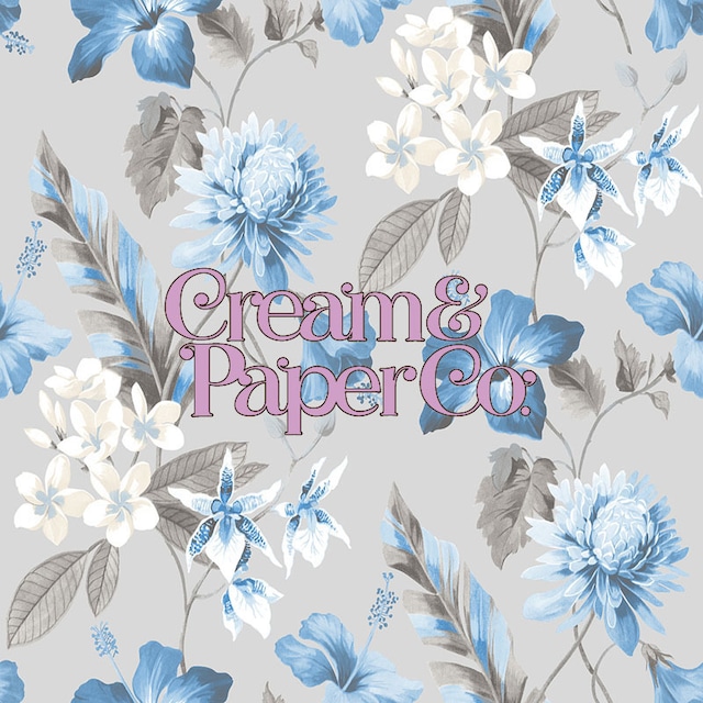 【切り売り】アッシュグレー × ブルー Tropical flower FL1-778002MT for DIY 53㎝×10m リピート53㎝