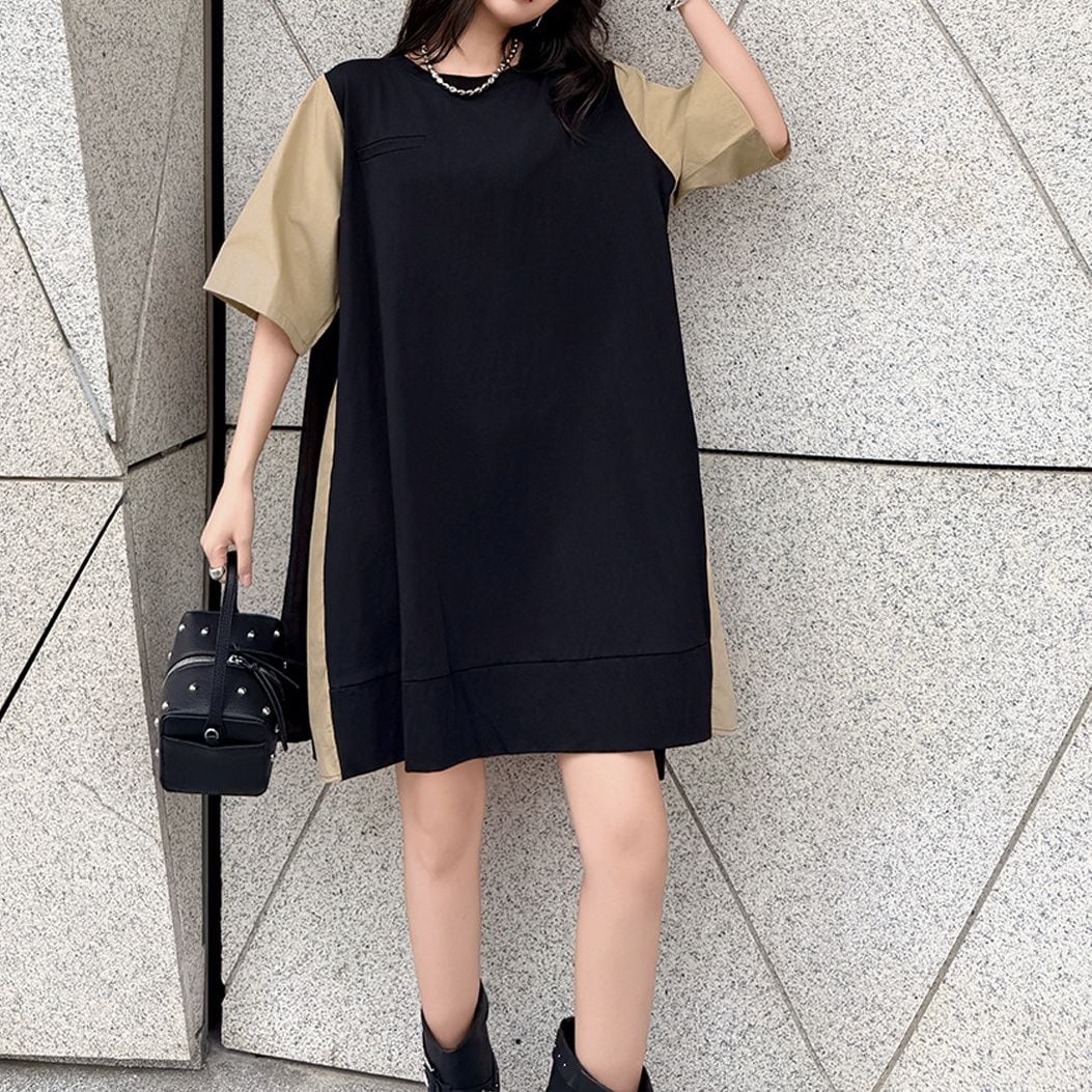 CONTRAST PANEL MESH RELAXED MIDI SHIRT DRESS M-17216