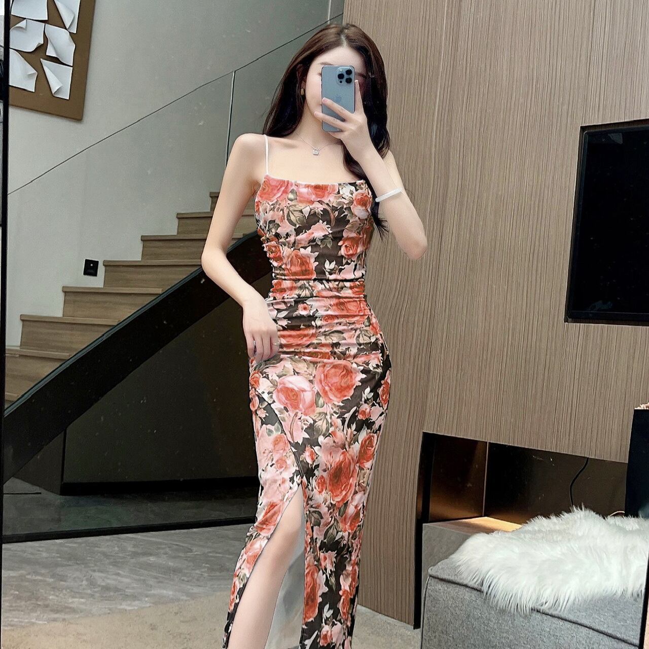 【新作】【送料無料】 2024 新しい夏スタイル東南アジア休暇セクシーなメッシュプリントロングハイスリットストラップヒップドレス 7863 0123149837483