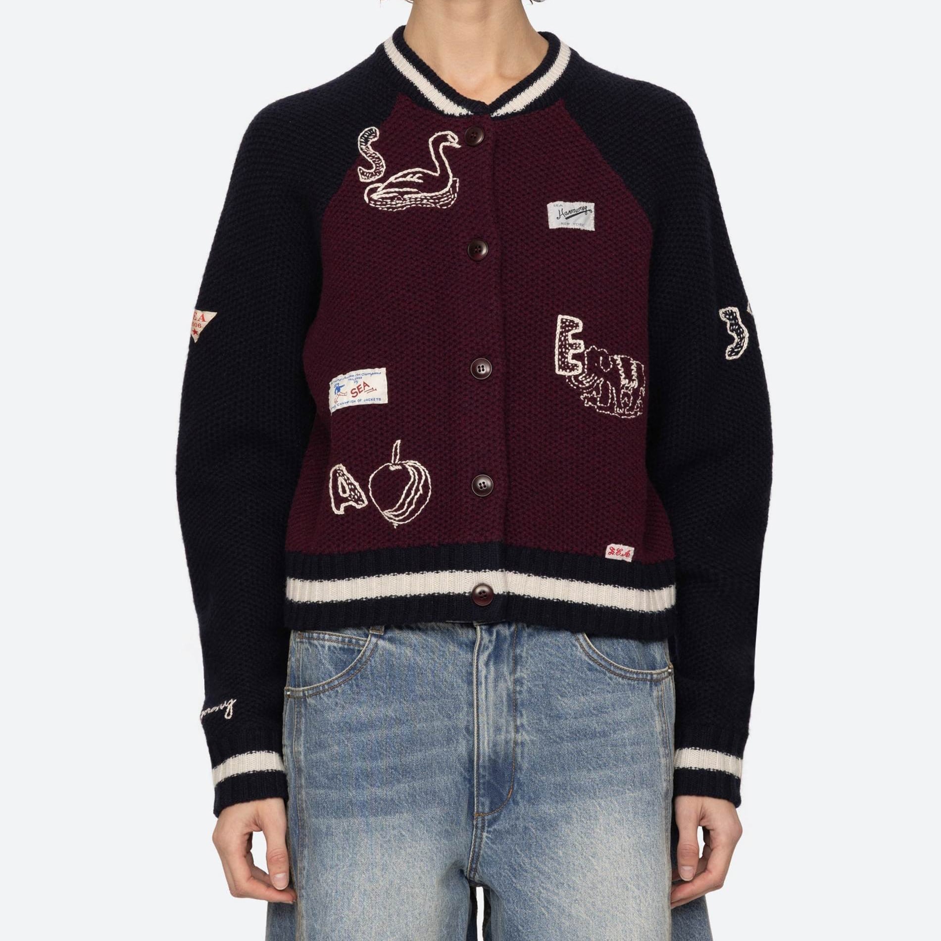 SEA NY ARCHER VARSITY KNIT CARDIGAN NAVY/BORDEAUX