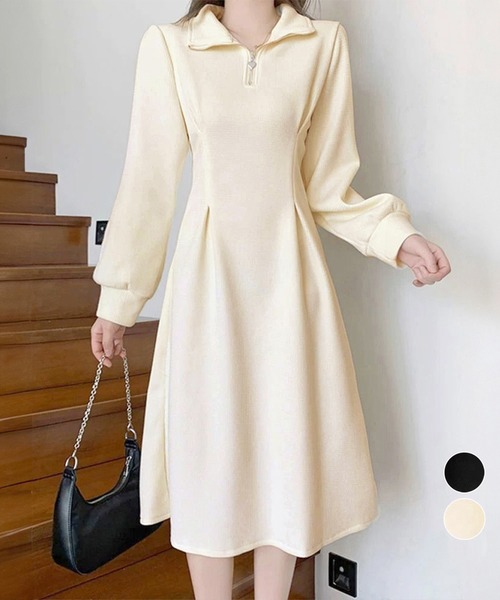 ◆ ハーフジップワンピース長袖ウエストタック