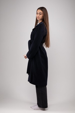 ウクライナ産プレミアムウール100%ロングコート（蒼）平行縫い　シルク手刺繍