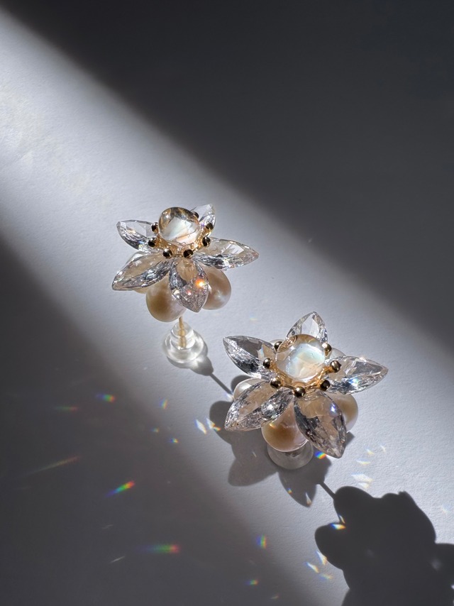 淡水パール シェル入り透明レジン フラワーピアス