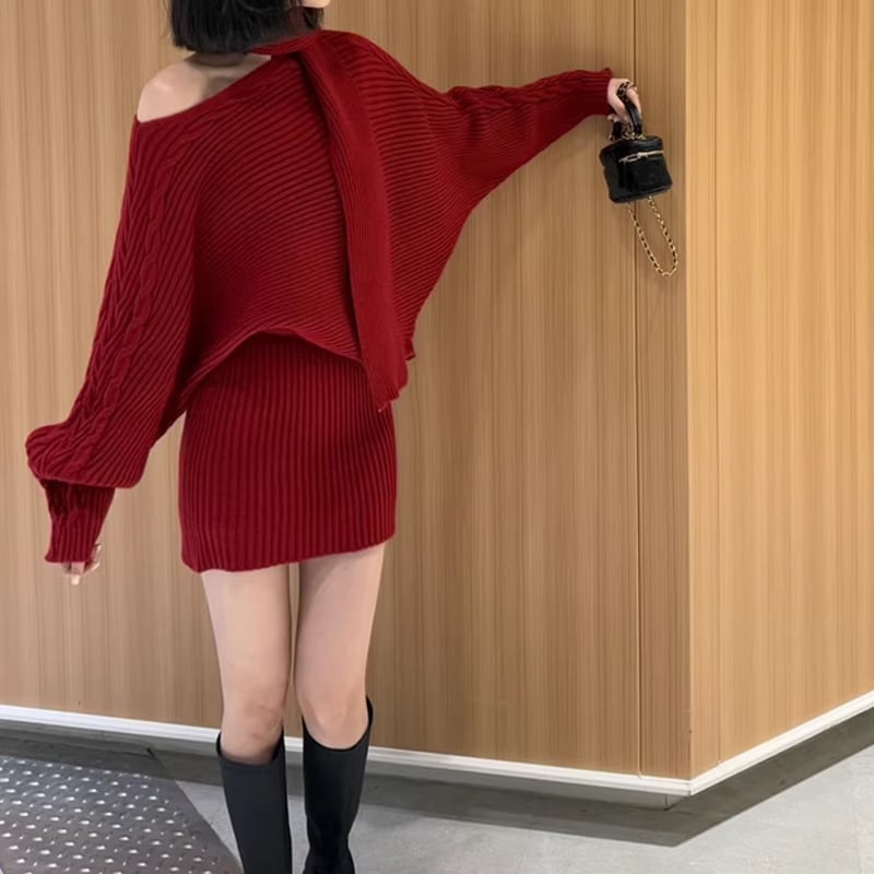 【set】マフラー×バットウィングスリーブニットトップス×ミニスカートセット Q7862