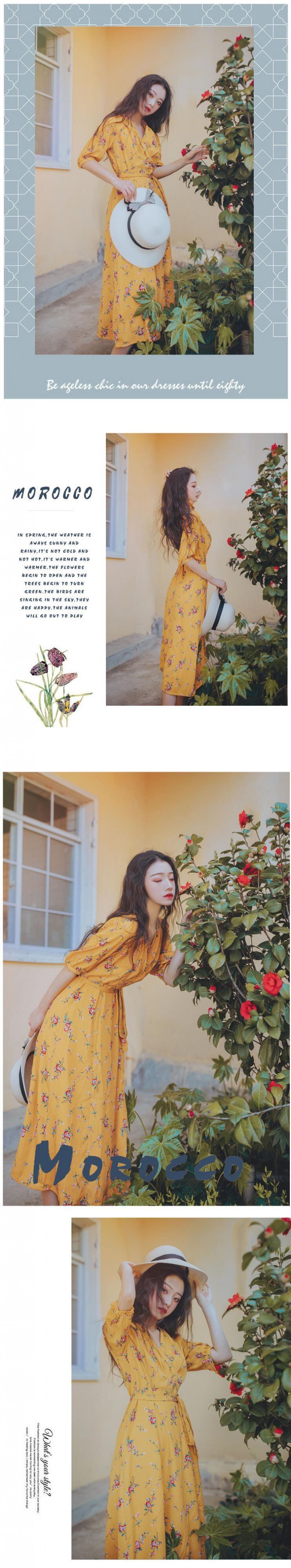 スタンダードイエロー 黄色Vネック花柄 お花 フラワーウエスト