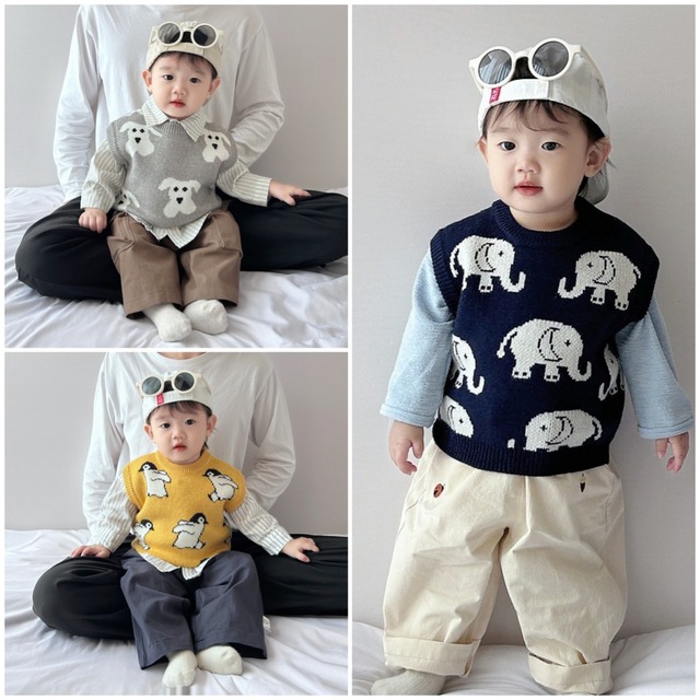 ,幼児キッズ男の子アニマルモチーフニットベスト　象　いぬ　ペンギン　かわいい秋冬服　lwa0132