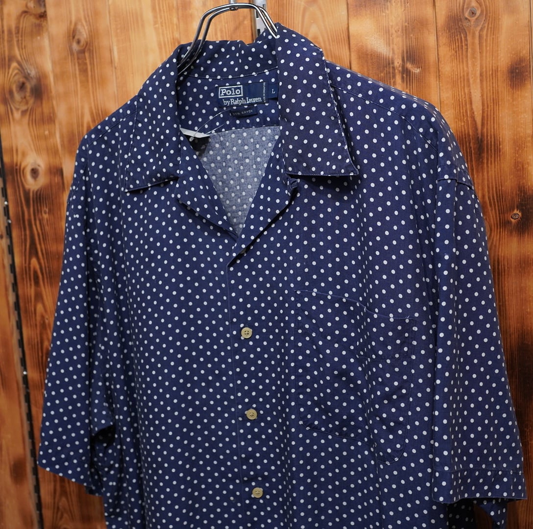 90s ralphlauren ドット 水玉 開襟シャツ L/ネイビー オープンカラー