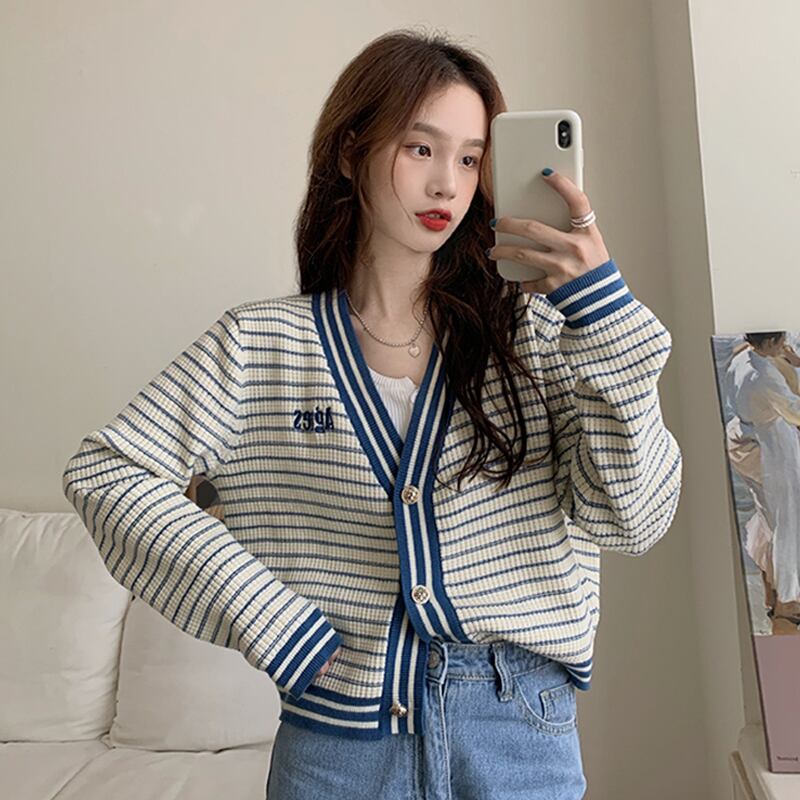 ストライプセーター コート スプリングオータム薄手ニットカーディガンショートトップス ロング 春物 秋物 試着室12310148055