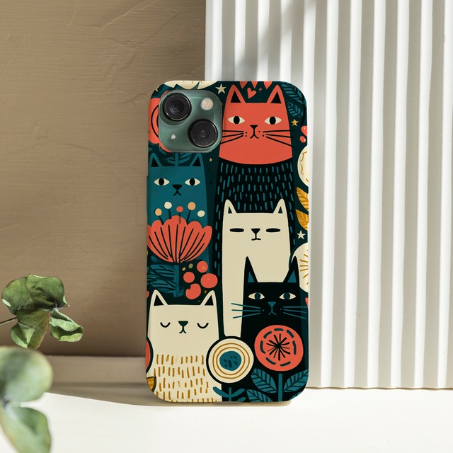 受注生産 iPhoneケース 猫と花の民芸ナイト柄｜猫モチーフ FMSY020A