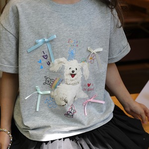 夏犬柄リボン付きTシャツ