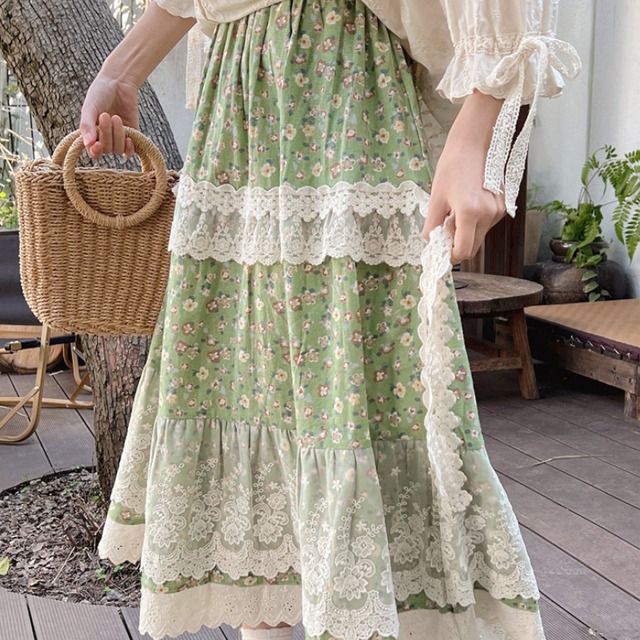 フレアレイヤードレースロングスカート 2col 1045