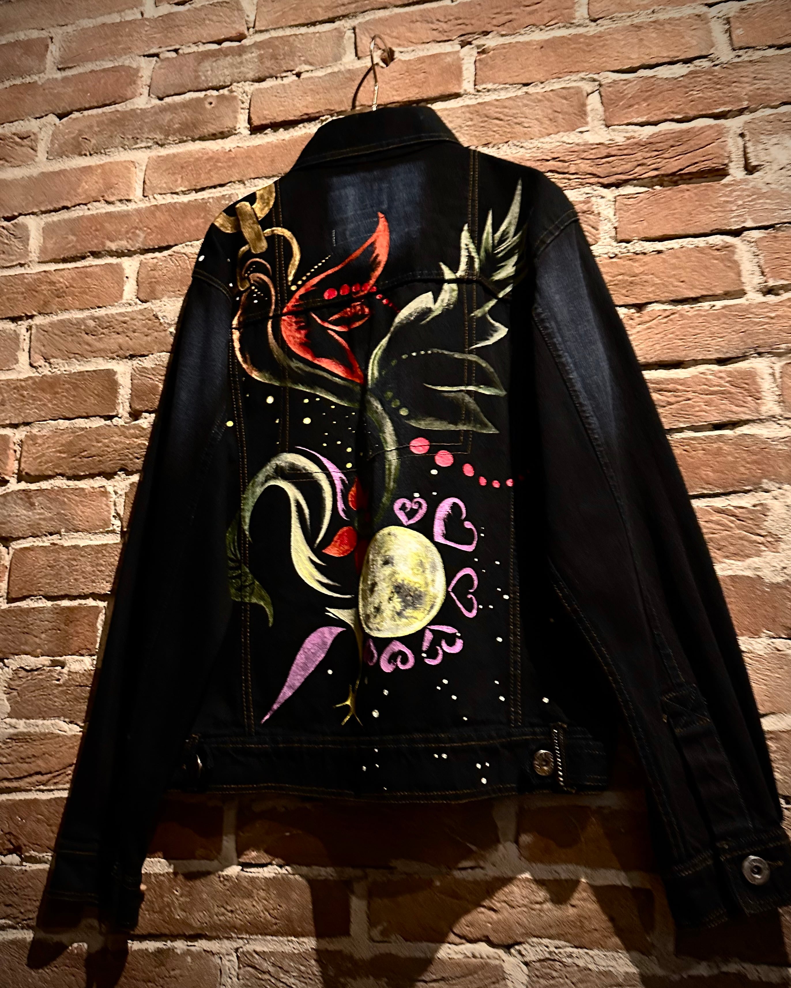 Caka act3】Hand-Drawn Custom Black Denim Tracker Jacket | Caka