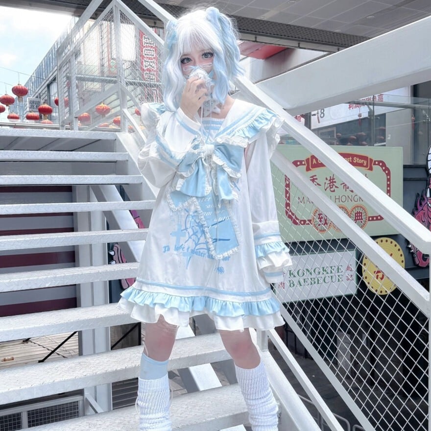 天使界隈セーラーワンピース 水色フリルお出かけ向け